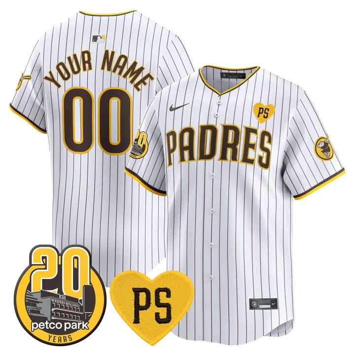 Men's San Diego Padres Active Player Custom White “For Peter” And Petco Park 20th Patch Limited Stitched Baseball Jersey